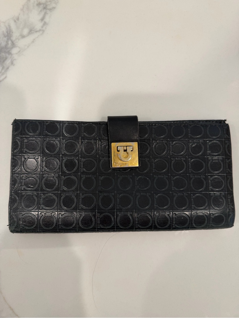 Black Ferragamo Leather Embossed Wallet with Gold Push-Lock